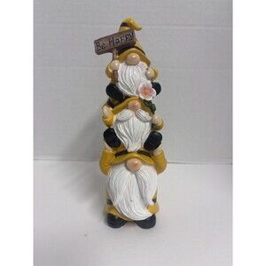 9" stacked bee gnome trio garden figurine “Be Happy”
